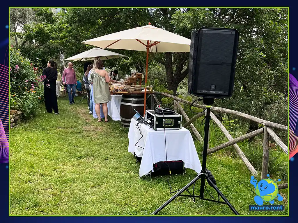 RCF active sound system layout distributed on lawn for professional wedding brunch background diffusion