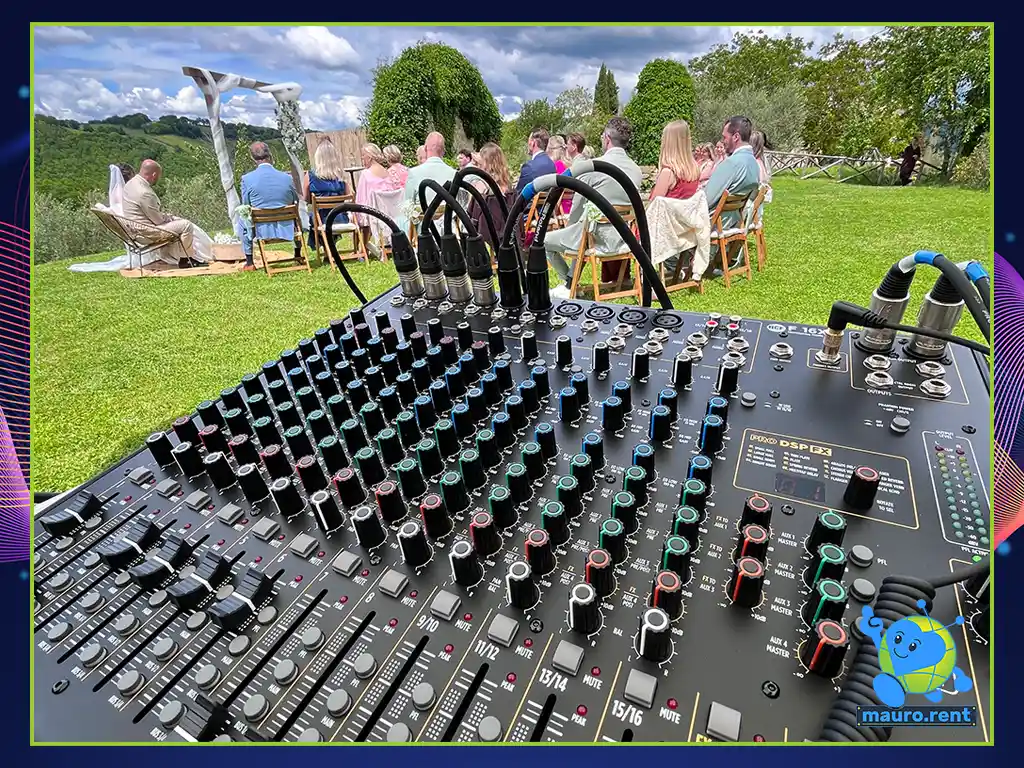 Flagship RCF F 16XR matrix mixing board active during destination wedding ceremony live vows tracking