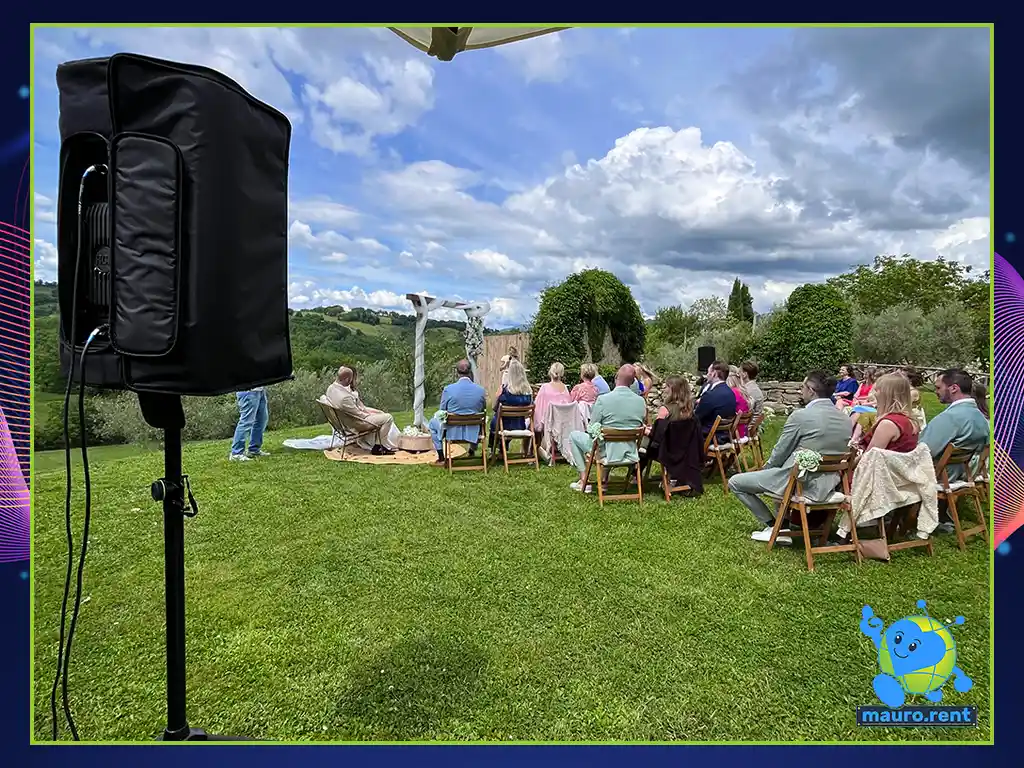 RCF Art 912A active PA speaker providing vocal intelligibility at Borgo Castello Panicaglia ceremony area