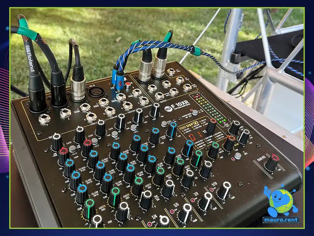 Close up of RCF F 10XR mixing console for live wedding audio management