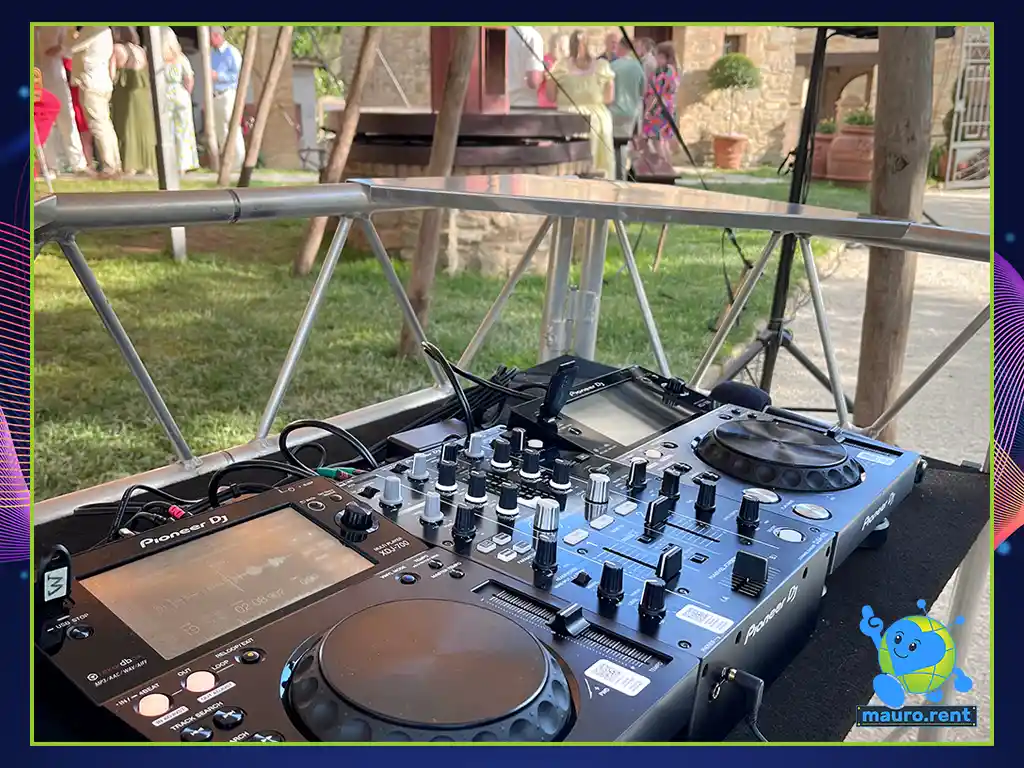 Pioneer Dj XDJ 700 media players and DJM 450 mixer hardware setup on stand