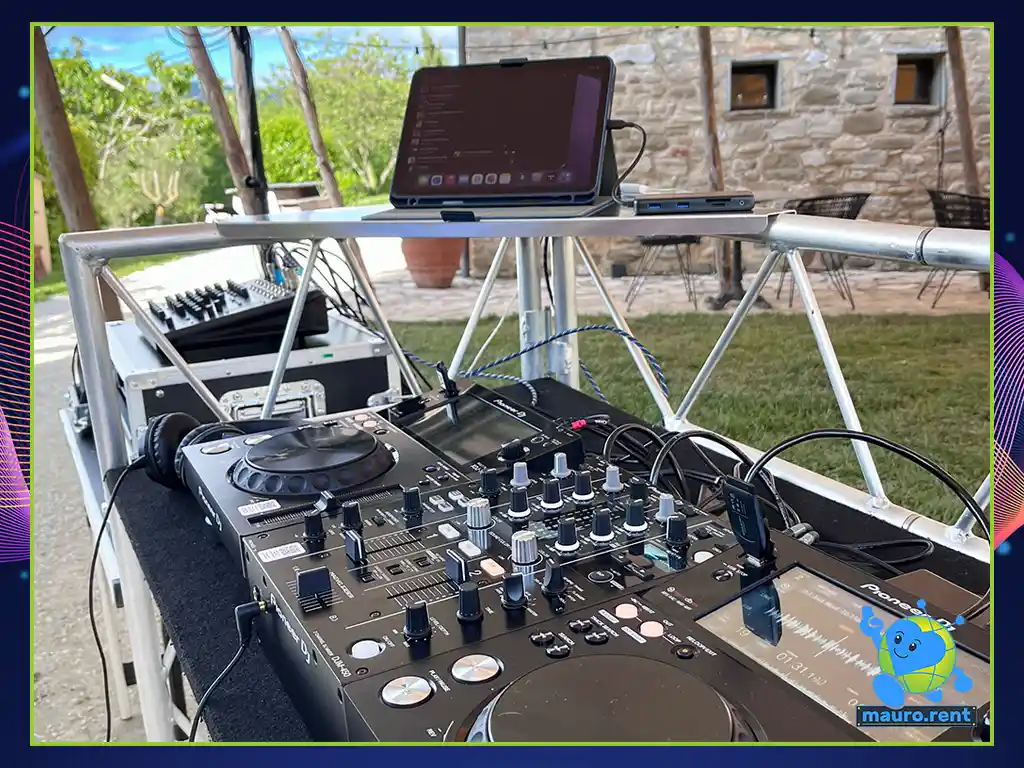 Pioneer DJ hardware layout with integrated iPad on Accu Stand corner shelf
