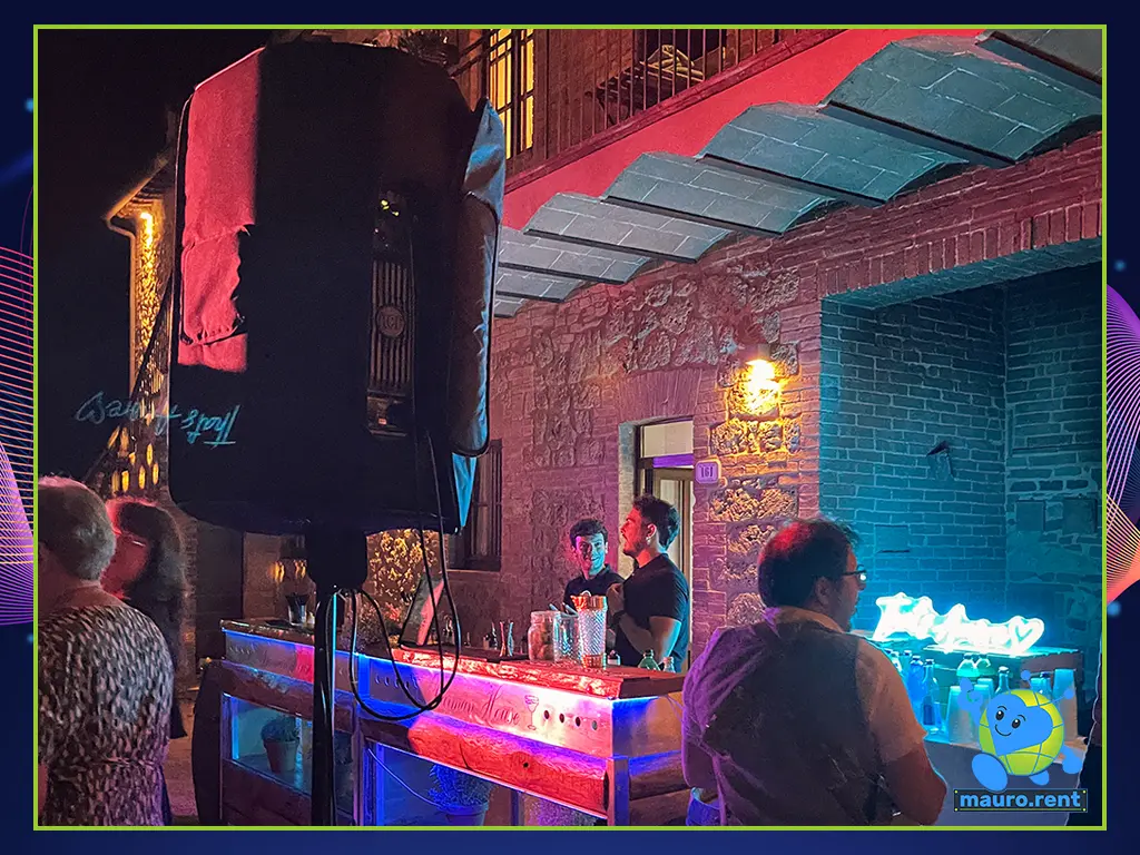 Close-up of an RCF Art 915-A active loudspeaker positioned near the bar area to reinforce the wedding dance floor at Terre di San Galgano.
