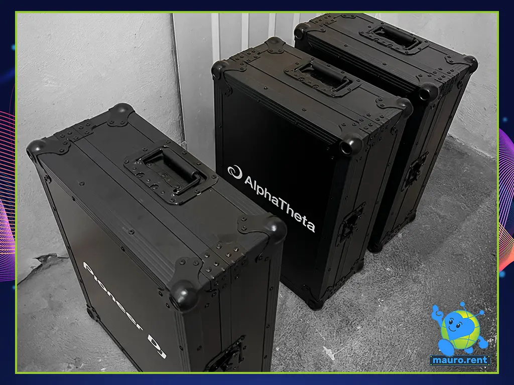 Three Professional AlphaTheta and Pioneer Dj Flight Cases for CDJ-3000X and DJM-A9 in the mauro.rent warehouse before deployment at Abbazia San Faustino.
