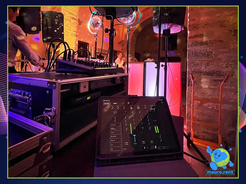 Close-up of Mauro's iPad running the Stagehand app for real-time monitoring and technical control during the wedding at Abbazia San Faustino.
