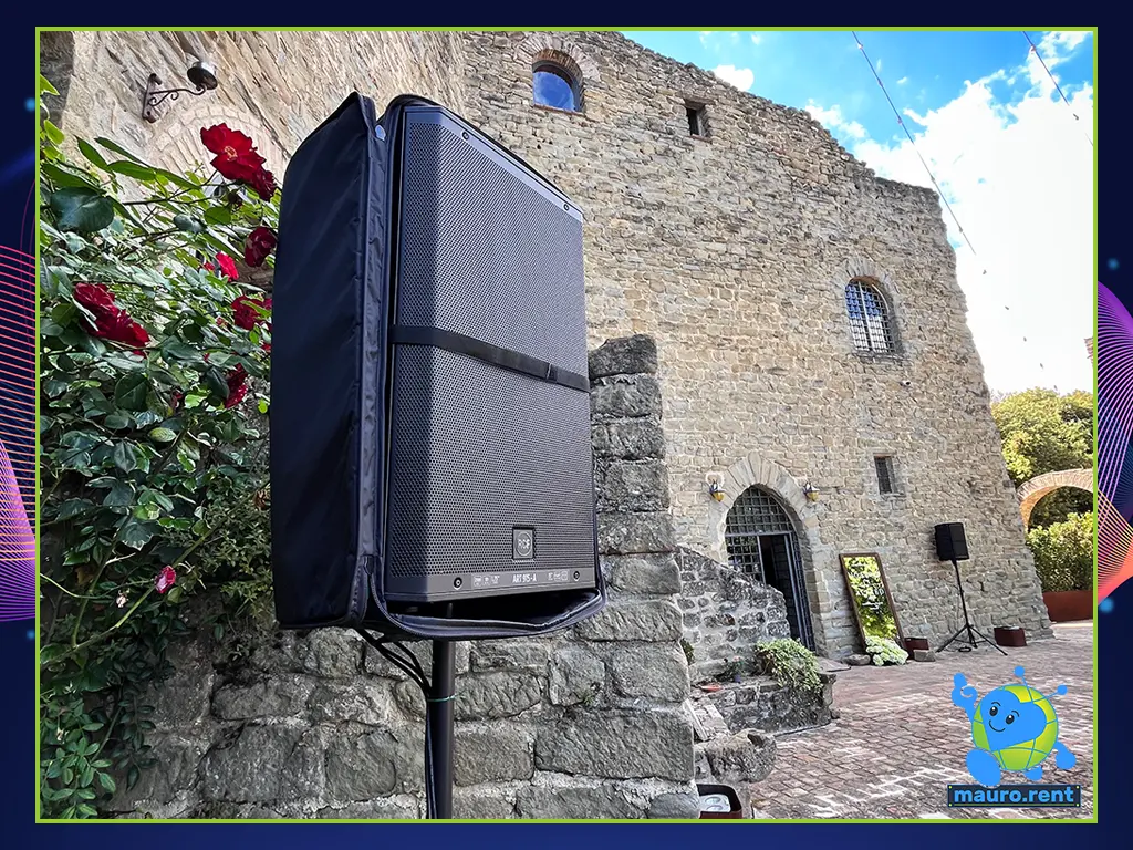 RCF Art 915-A Active Loudspeaker Setup for Outdoor Wedding Dinner and Dance Floor at Castello di Rosciano