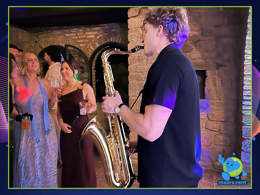 Matthew Lambosax Lambert Live Saxophone performance with Shure Wireless System on Indoor Wedding Dance Floor at Castello di Rosciano