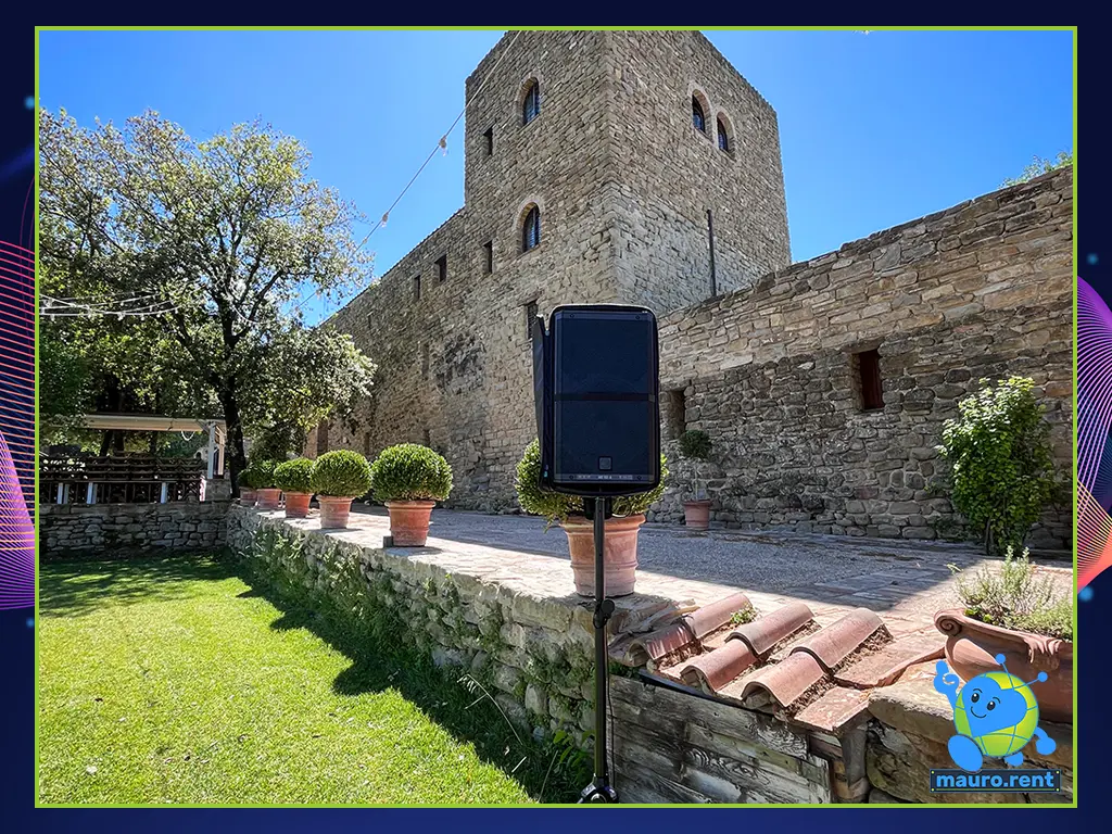RCF Art 912-A Professional Active Speaker integrated into the historical lawn Garden at Castello di Rosciano