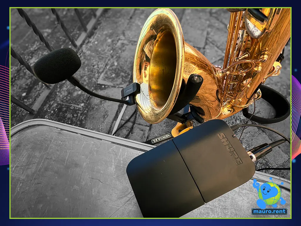 Shure PGA98H TQG Professional Instrument Microphone attached to a brass Saxophone for Destination Wedding Live Music
