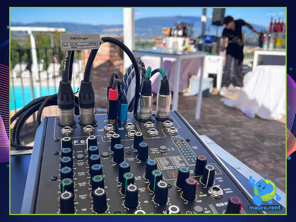 RCF F 6X Analog Mixing Console technical routing Setup with professional XLR and RCA cables for day 2 Pool Party at Castello di Rosciano