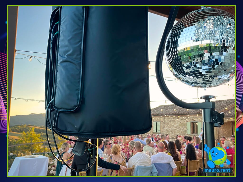 RCF Art 912-A speaker on Gravity pole with Sub 705-AS MK3 and BeamZ disco ball at La Torre di Celle