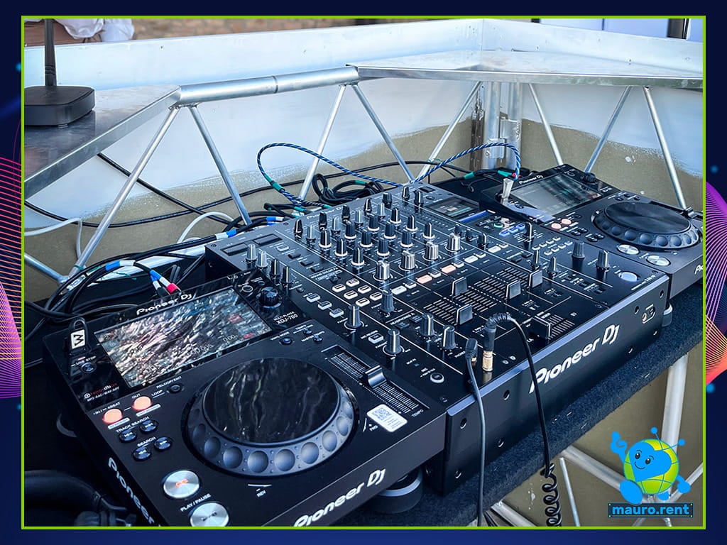 Pioneer DJ XDJ-700 and DJM-A9 mixer setup on Accu Stand table for DJ Stuart at La Torre di Celle