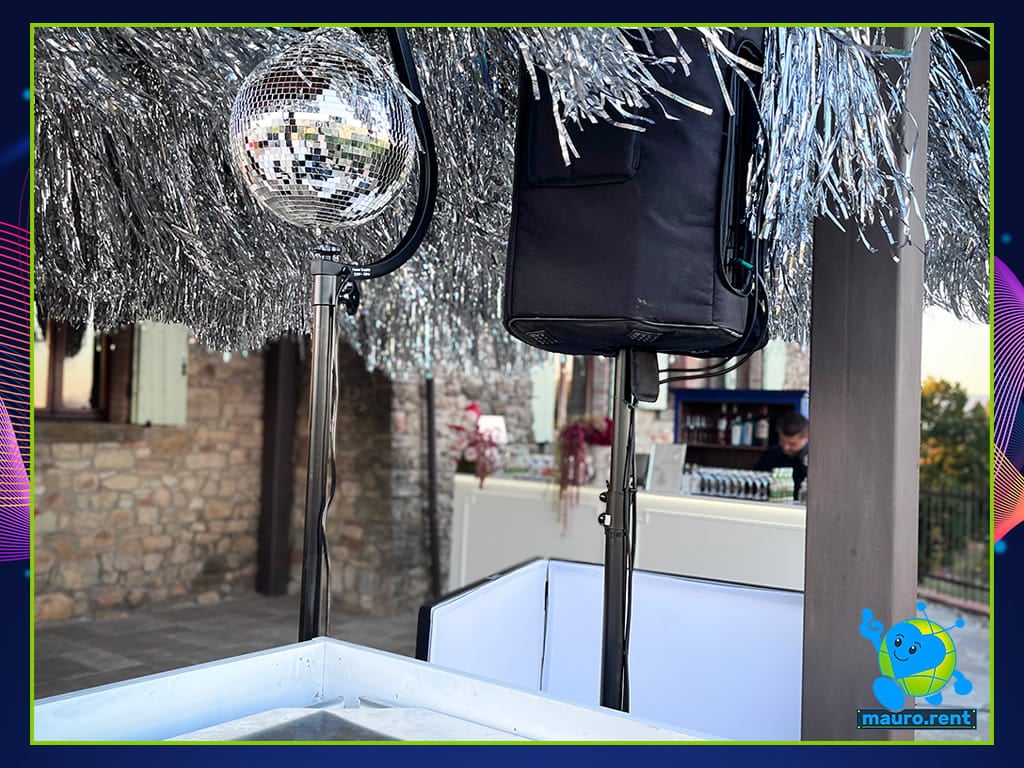 RCF Art 912-A speaker and BeamZ disco ball with White Spirit cocktail bar setup at La Torre di Celle