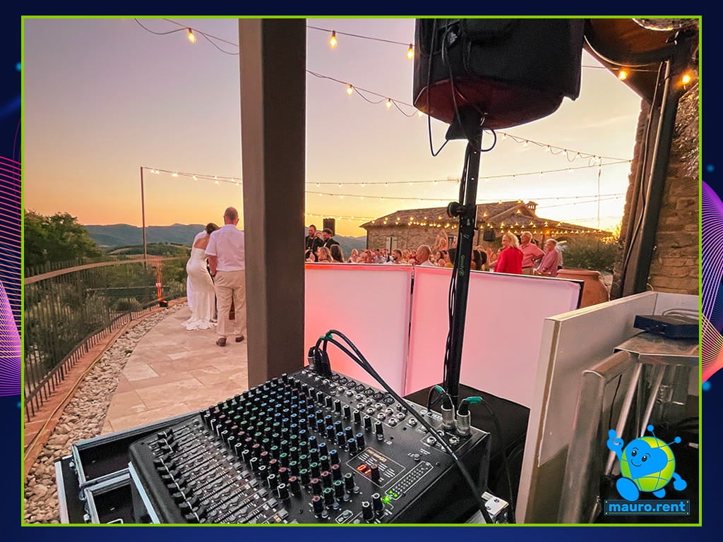 RCF F 16XR mixing console in foreground with Mollie and Josh Martini competition in background at La Torre di Celle