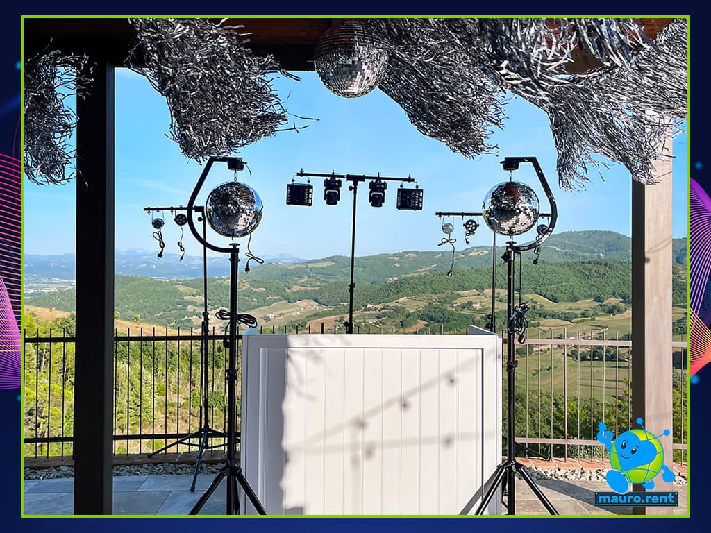 Custom white wooden DJ booth and BeamZ lighting setup by mauro.rent at La Torre di Celle