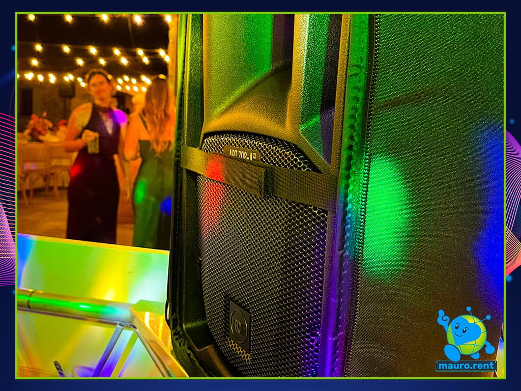 RCF Art 708-A MK5 active speaker DJ monitor on Accu Stand corner shelf at La Torre di Celle