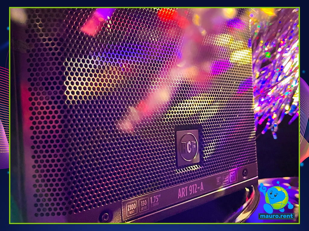 Close up of RCF Art 912-A speaker with party lights and decor at La Torre di Celle Mamma mia party