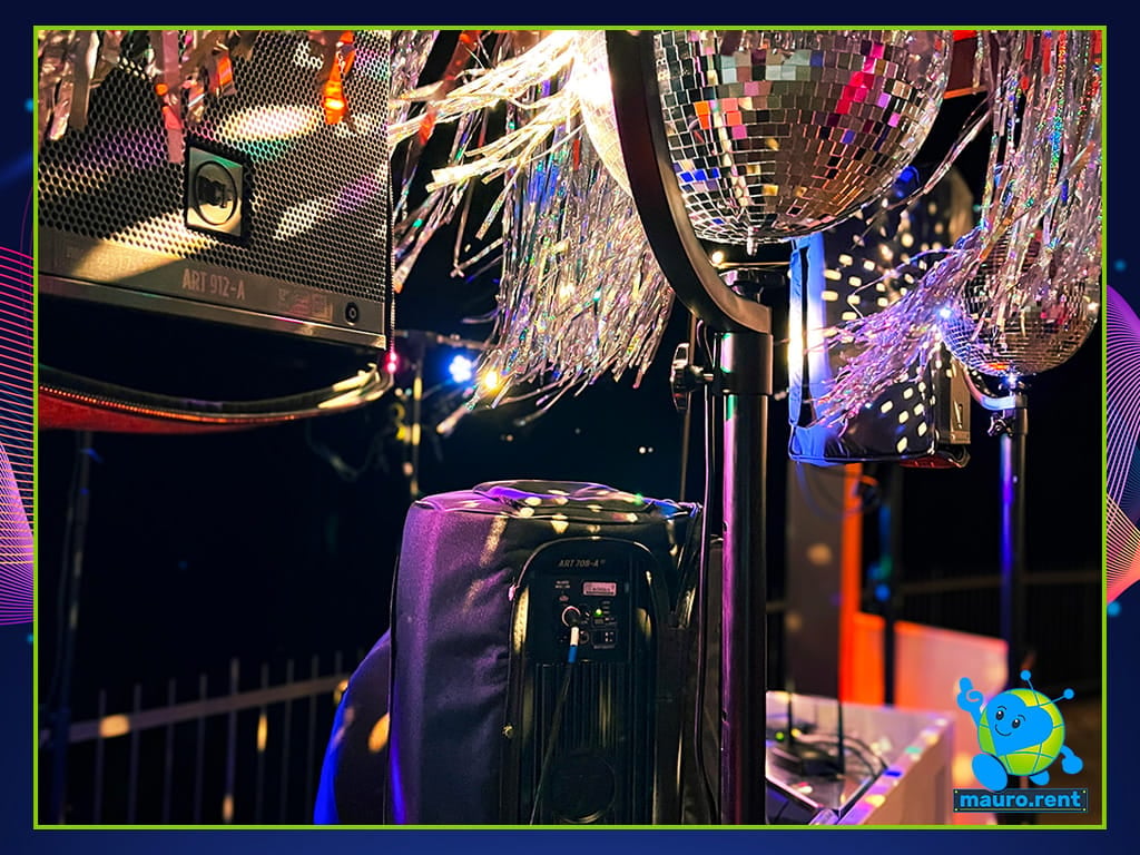RCF Art 912-A speakers Art 708-A monitor and BeamZ disco balls at La Torre di Celle Mamma mia party