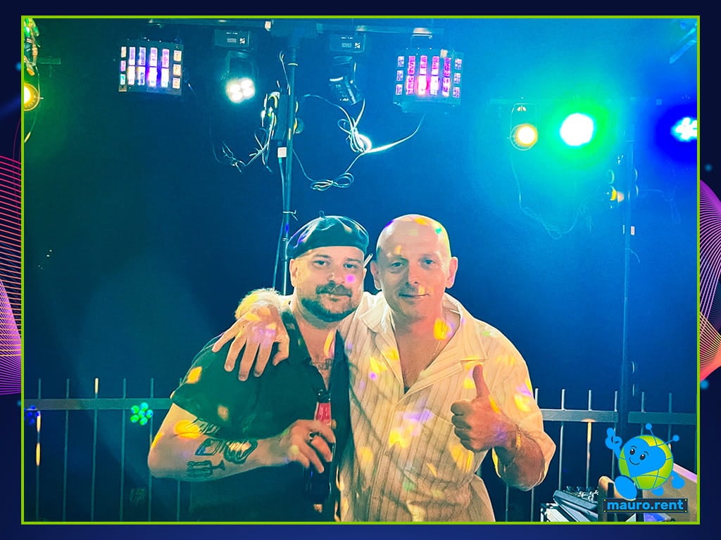 Mauro Panzarola from mauro rent with DJ Stuart D Alexander after Mamma mia party at La Torre di Celle
