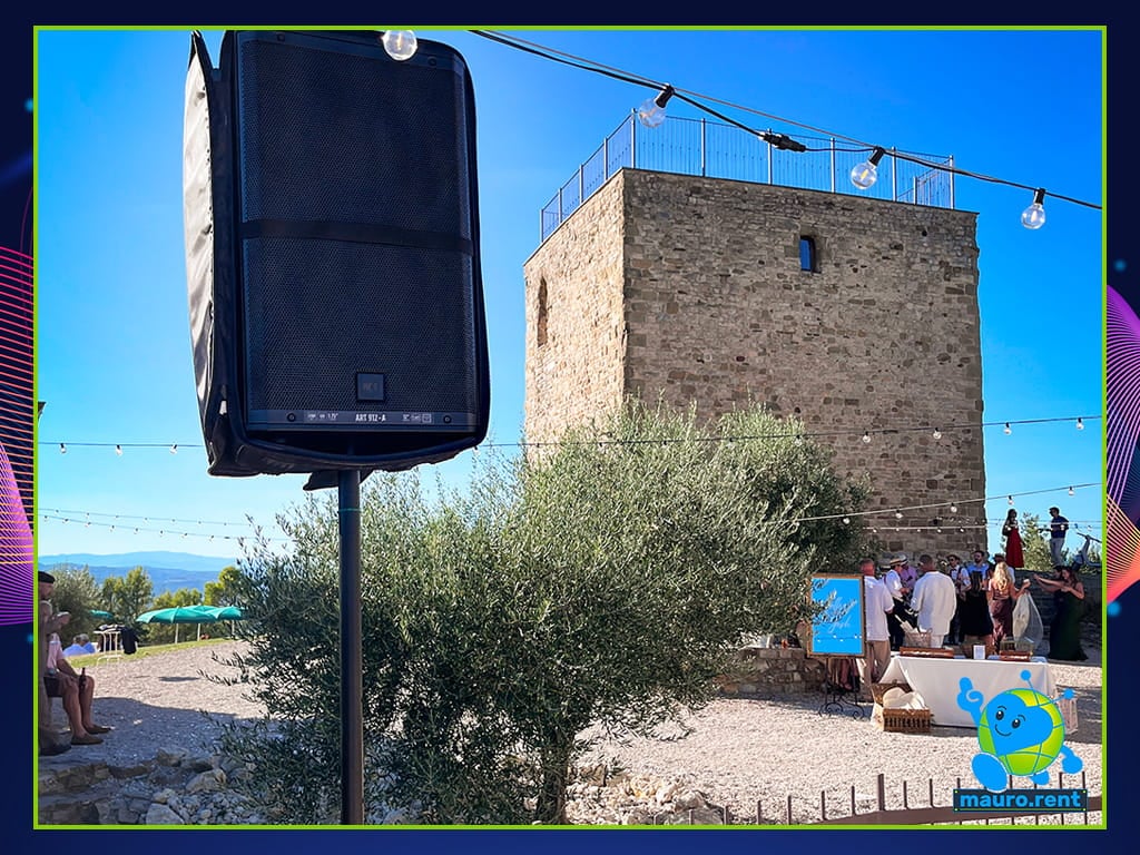 RCF Art 912-A active loudspeaker setup in Zone 2 with the historic tower of La Torre di Celle in the background