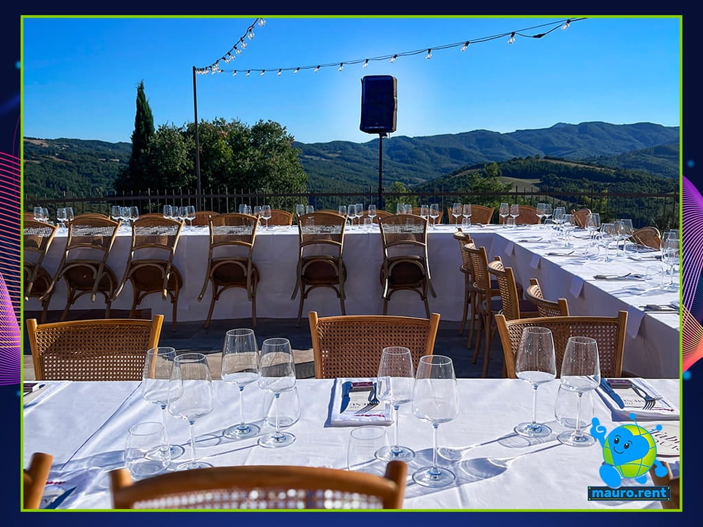 RCF Art 912-A active speaker deployed for wedding dinner with Umbria Tuscany hills background at La Torre di Celle