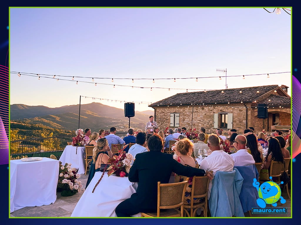 Father of the Bride Gordon toast with RCF Art 912-A active speakers at La Torre di Celle sunset dinner
